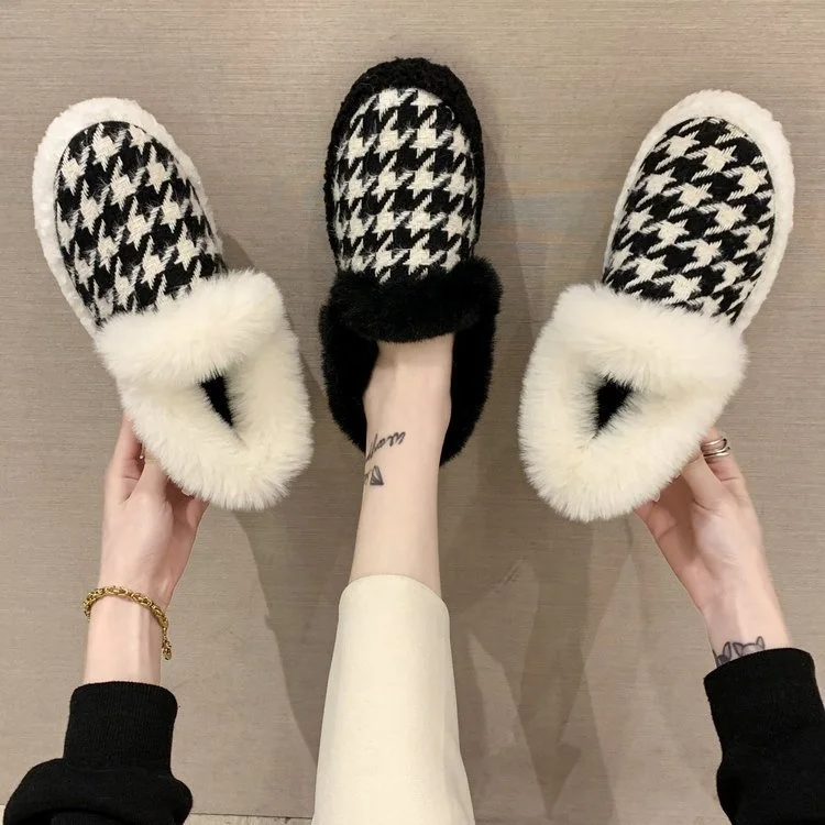 

Women Casual Plaid Shoes New Arrivals 2020 Winter Ladies Plush Boots Slides Footwear Fashion Faux Platform Fur Fluffy Flat Boots
