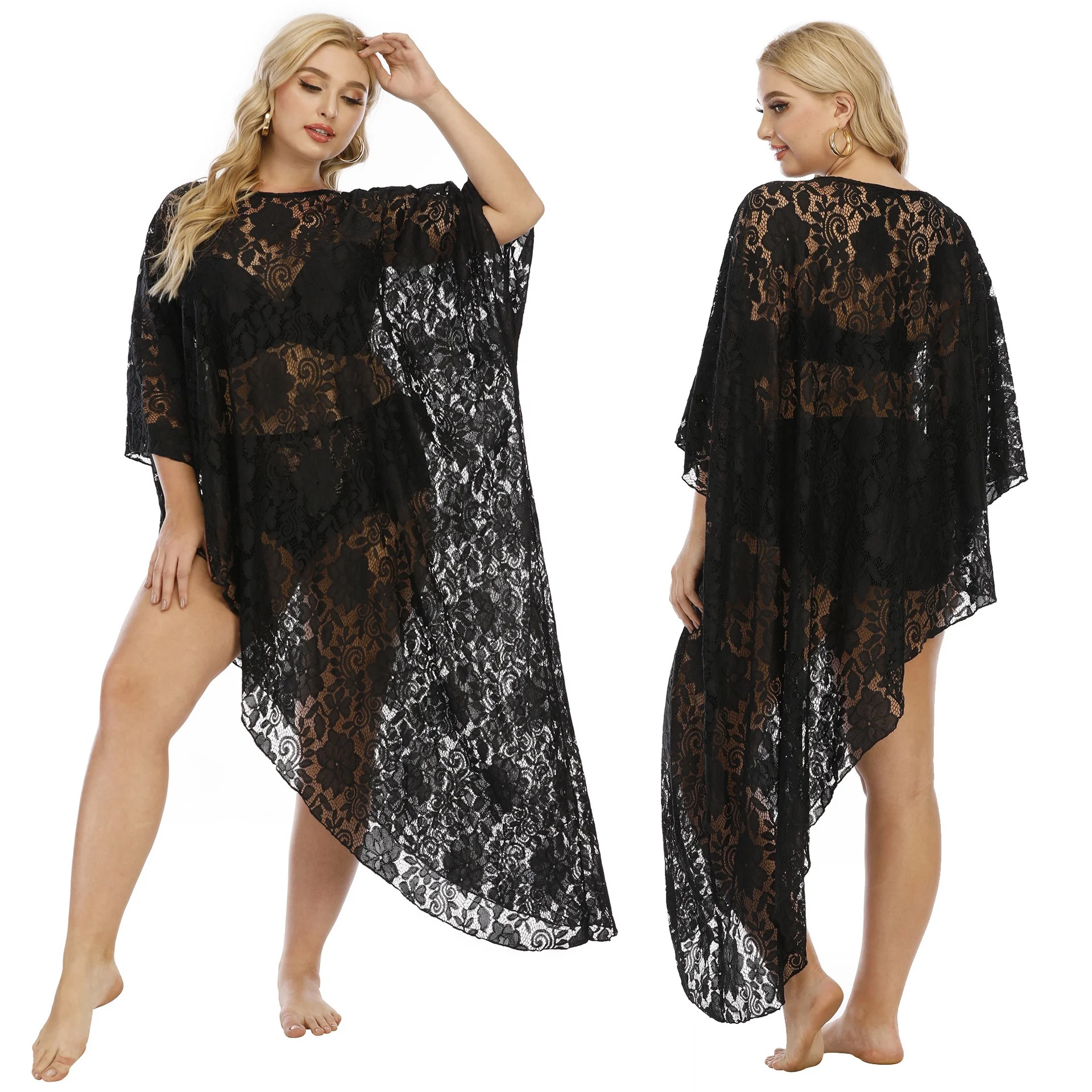 

2021 custom new design sexy hollow lace Beach Women's super large leisure asymmetric Blouse Dress