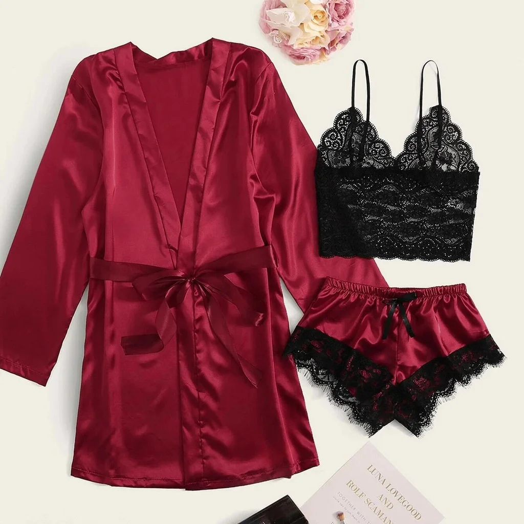 

2021 Imitation silk sexy lace 3 piece lingerie set lingerie manufacturer green lingerie, 3 colors