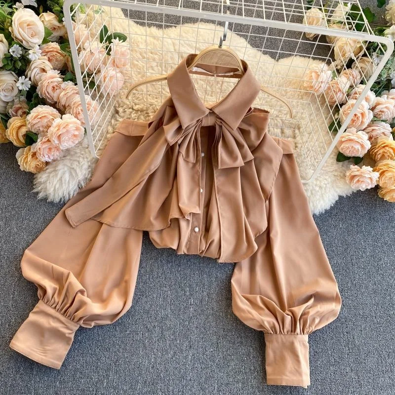 

Spring Summer Women's Korean Style Elegant Design Plain Puff Sleeve Halter Shirt Backless Bow Neck Tops Lady, Five colors