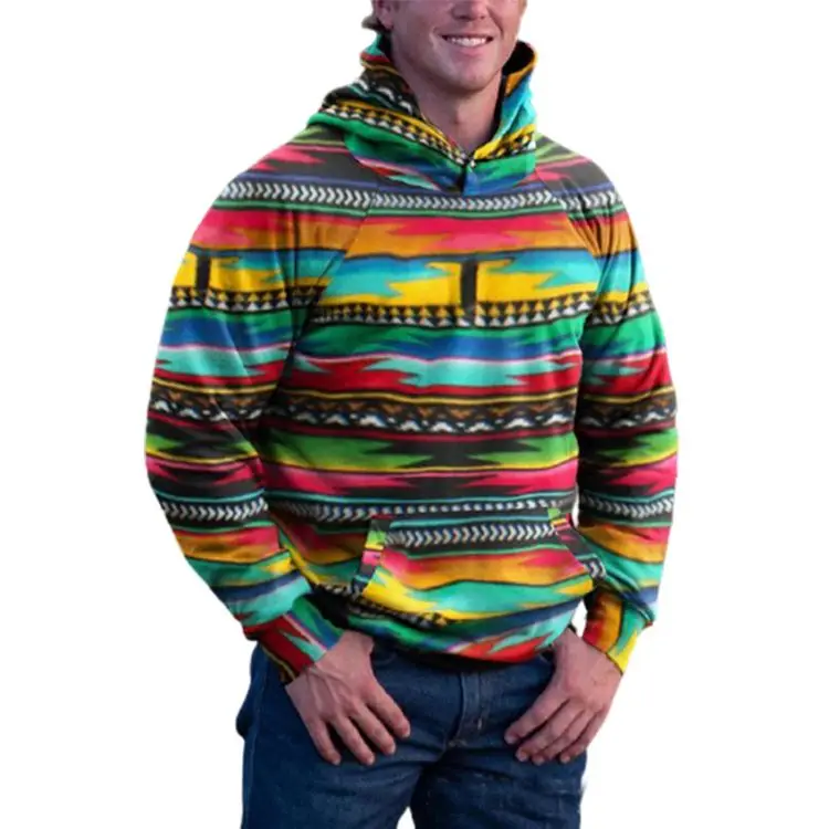 

Mens American Style All Over Aztec Colorful stripe print Athletic sport Plus Size Front Pocket Pullover Hoodie Hooded Sweatshirt, Green colorful print
