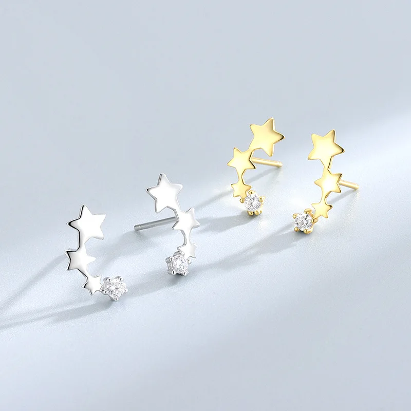 Cute 925 Sterling Silver Zircon Star Stud Earring Dainty Gold Plated Three Star Earring For Women