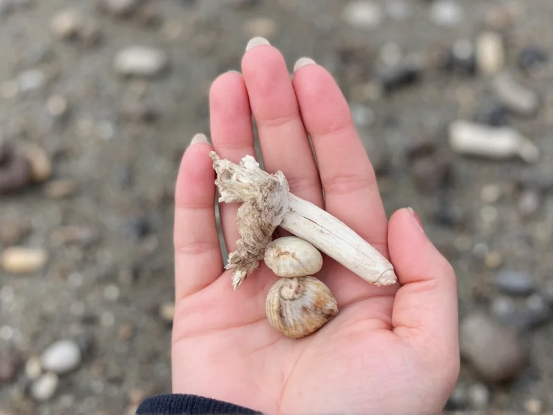 Hand holding seashells and driftwood for crafting