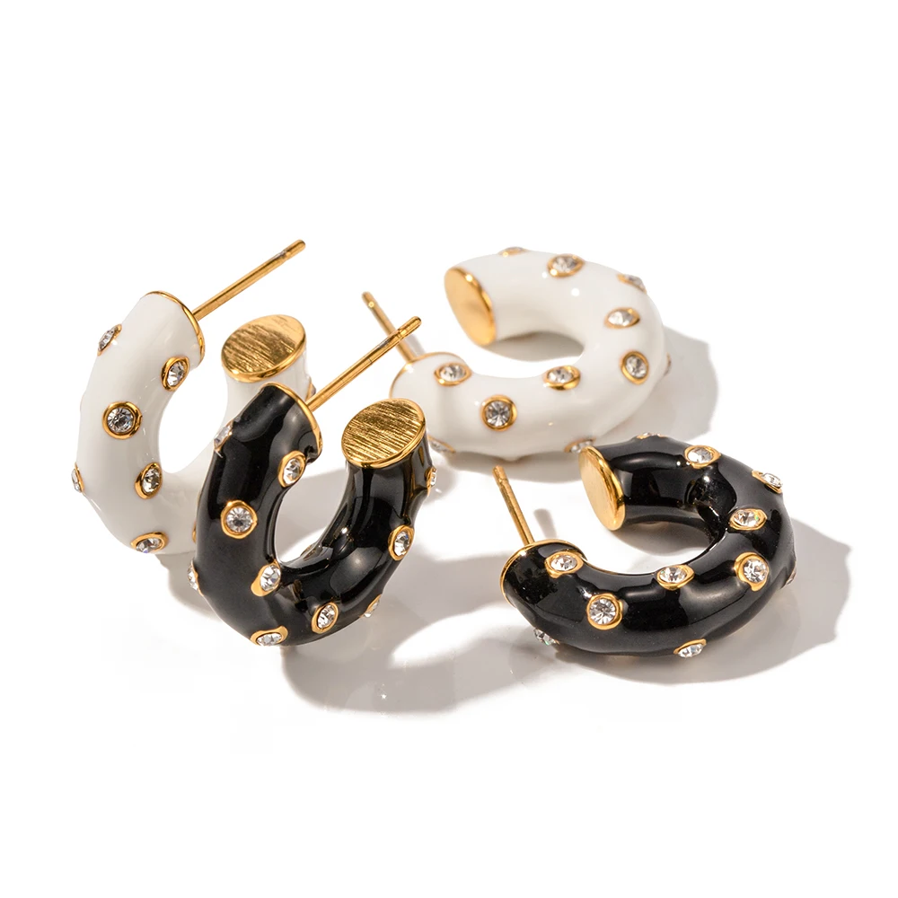 

CZ Twinkle Twinkle Gold-tone Enamel And Cubic Zirconia Hoop Earrings 18k PVD Stainless Steel Black White Oil Drop Earring