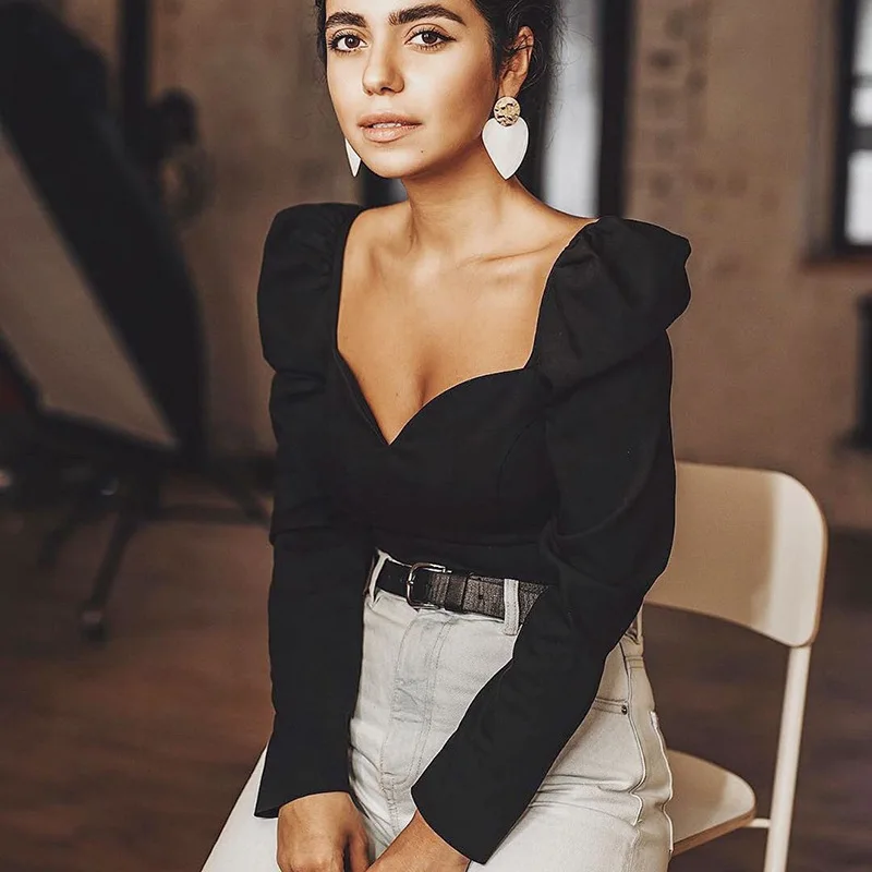 

X00450C vintage Square Collar Casual Puff Sleeve Women's Shirts And Blouses Autumn Solid Long Sleeve Tops 2019 Fashion, Black