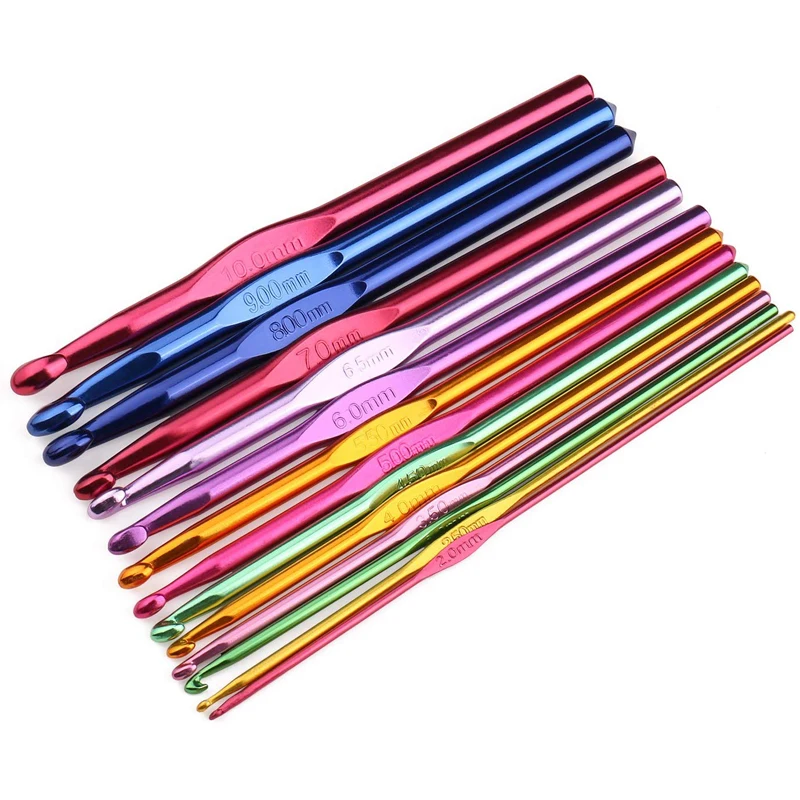 

14 Sizes Multi-Coloured Aluminum 2mm-10mm Handle Crochet Hooks Knitting Knit Needles Weave Yarn Set, Multicolor