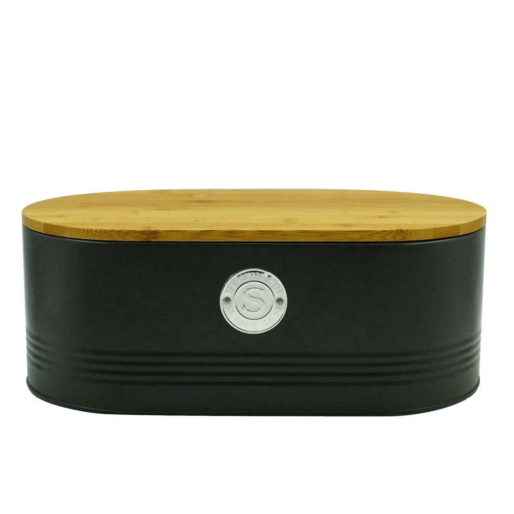 Vintage Galvanized Metal Bread Box With Bamboo Wooden Lid For Kitchen