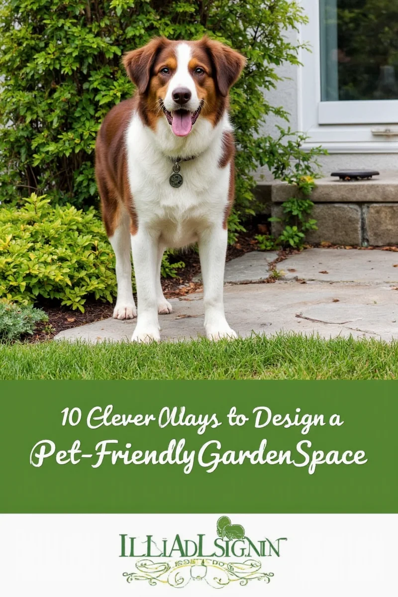 A collection of pet-friendly garden products including a waterproof dog bed, automatic fountain, eco poop bags, and weather-resistant toys