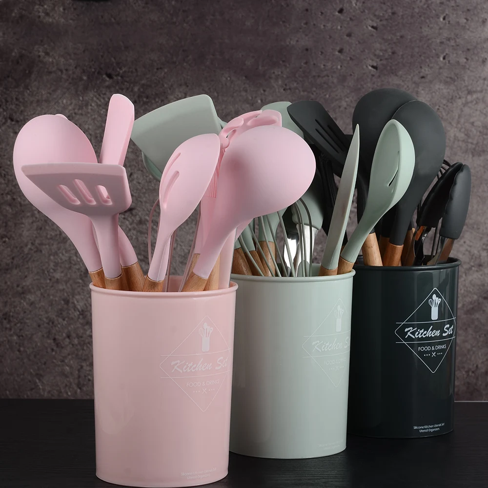 

Odor free Long wood handle elegant 12pcs Hotel silicone Christmas kitchen utensils bamboo cooking utensils with storage holder, Black, green, pink
