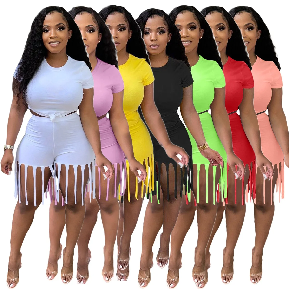 

new solid short sleeve tassel plus size 2 piece short sets women, Picture color