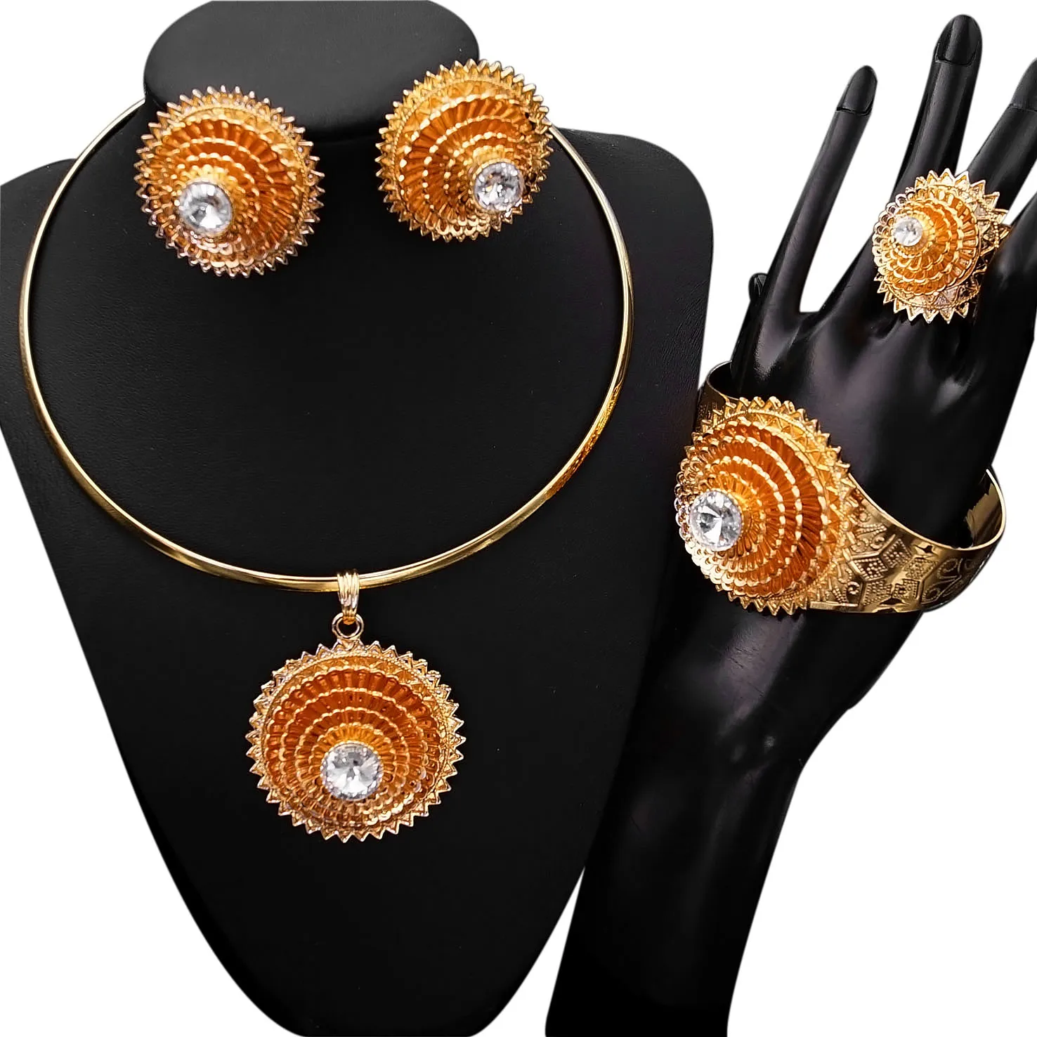 

Hot sale rings hip hop cubic zirconia nigerian african wedding earring 18k gold dubai stainless steel women jewelry set 2021