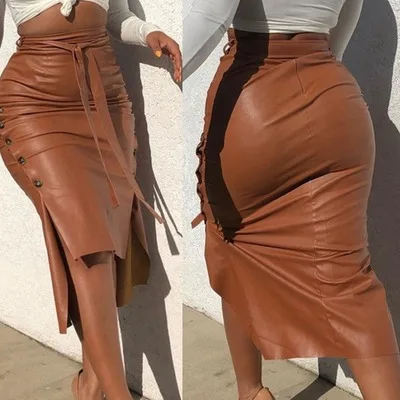 

Leather skirt 2021 spring women's hot sale slit slim mid-length package hip skirt, Red