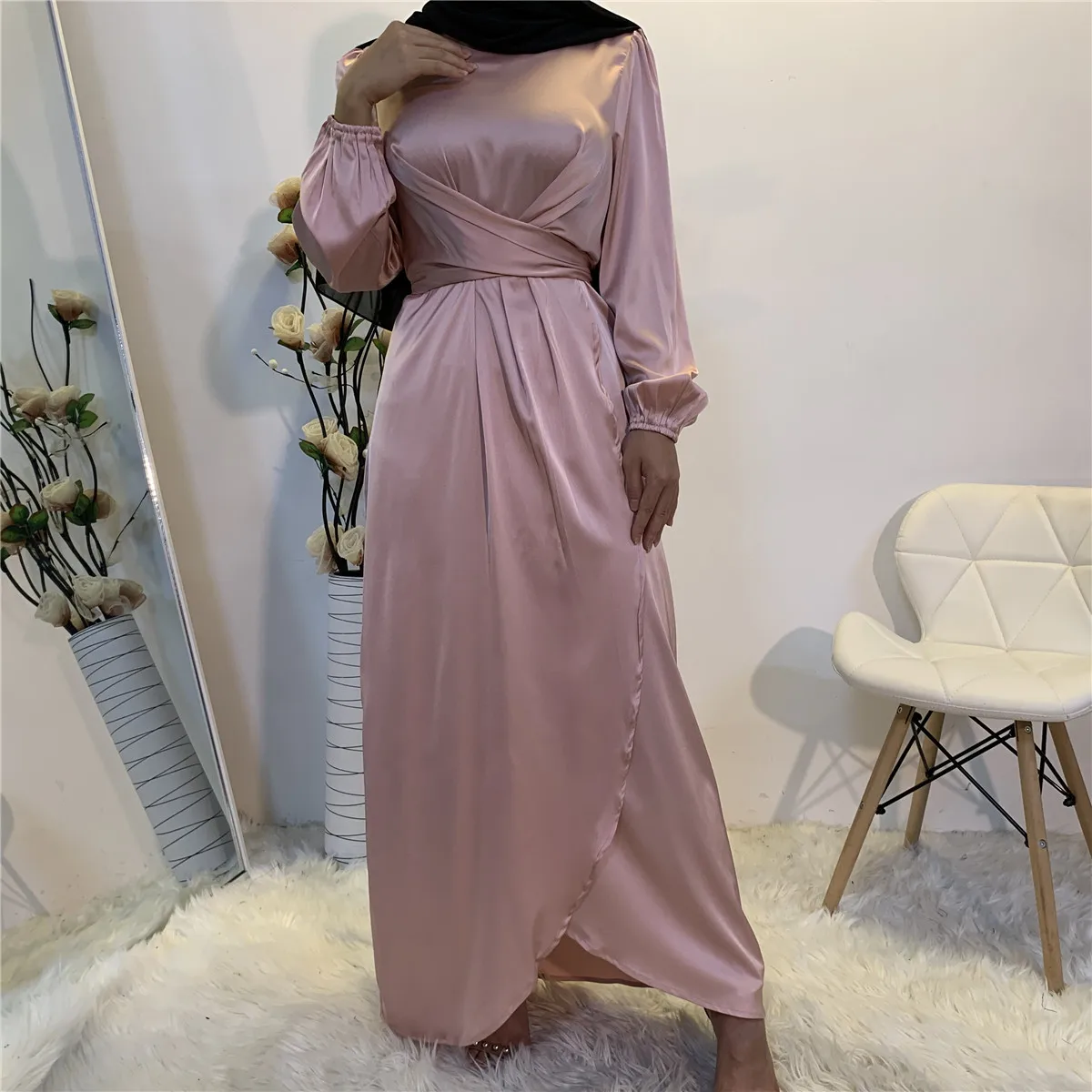 

6345# Arabic Silk Muslim Dresses Abaya in Dubai Islamic Clothing For Women Muslim Fashion Satin Dress, Green, black, pink, gold