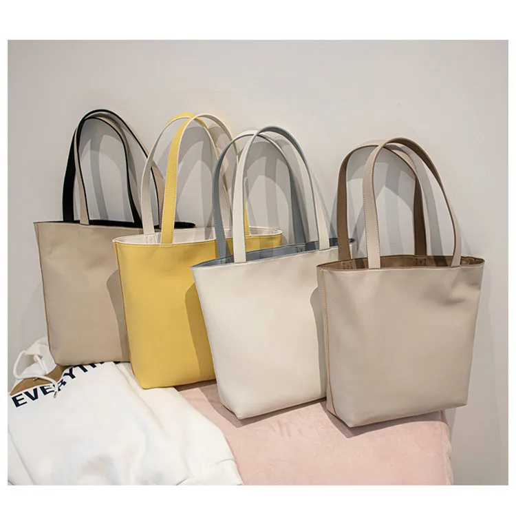 

Two Color Positive And Negative Dual Use Fashion Beach Bag Casual Large Capacity Shoulder Tote PU Leather Handle Women Handbag, Black&apricot, beige&yellow, blue&beige, brown&apricot