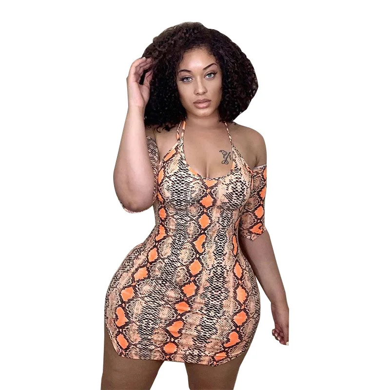 

LLDRESS 2020 Fashion Plus Size Women Clothing Backless Snake Skin Print Halter Neck Plus Size Dress Designs Fat Ladies