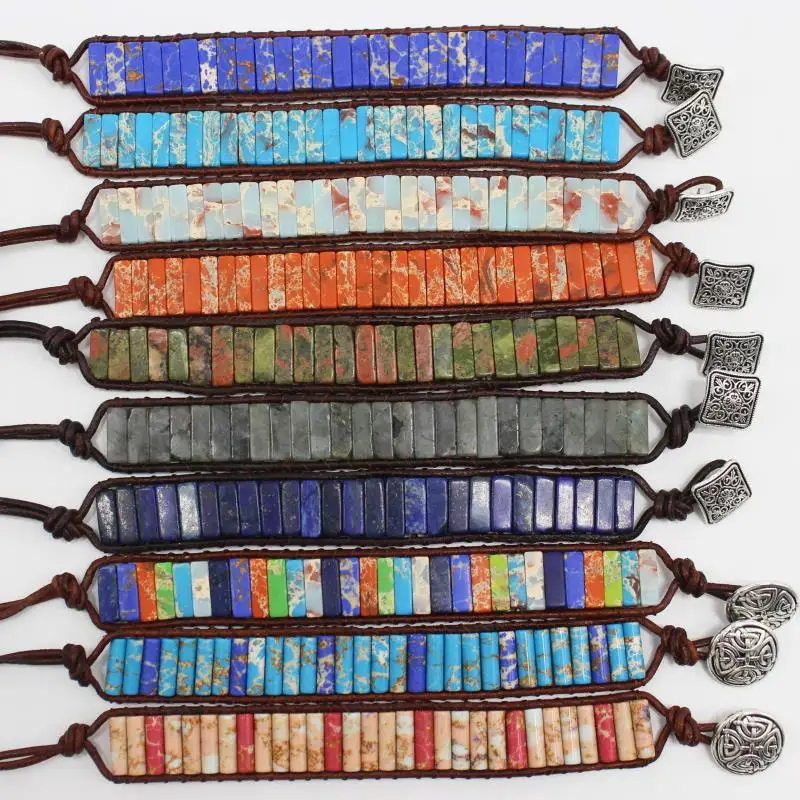 Chakra Bracelet Leather Wrap Colorful Boho Handmade Bracelet Natural Stone Wrap Single Wrap Ethnic Adjustable Bracelet Wristband