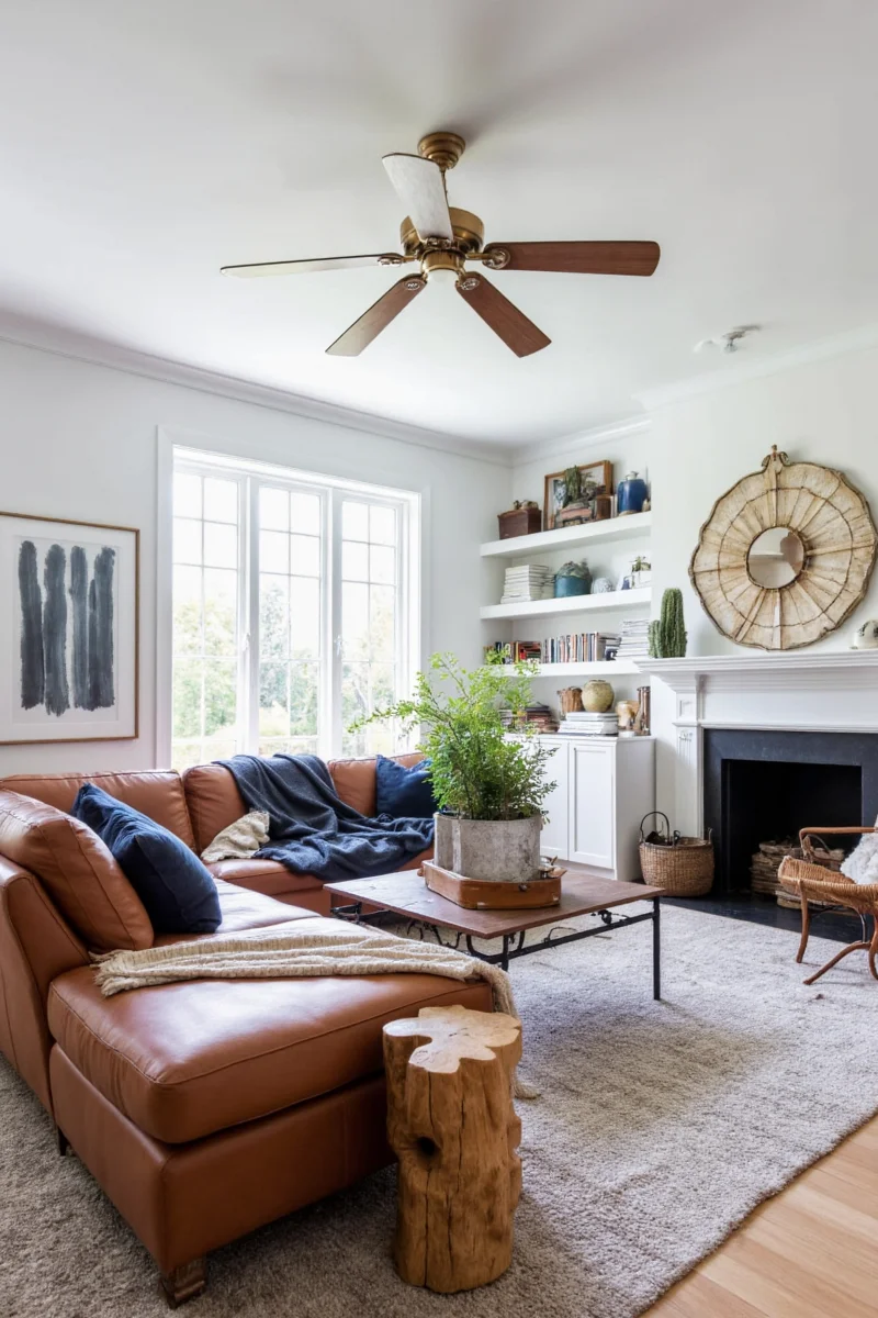Masculine Living Room with Neutral Tones and Natural Wood