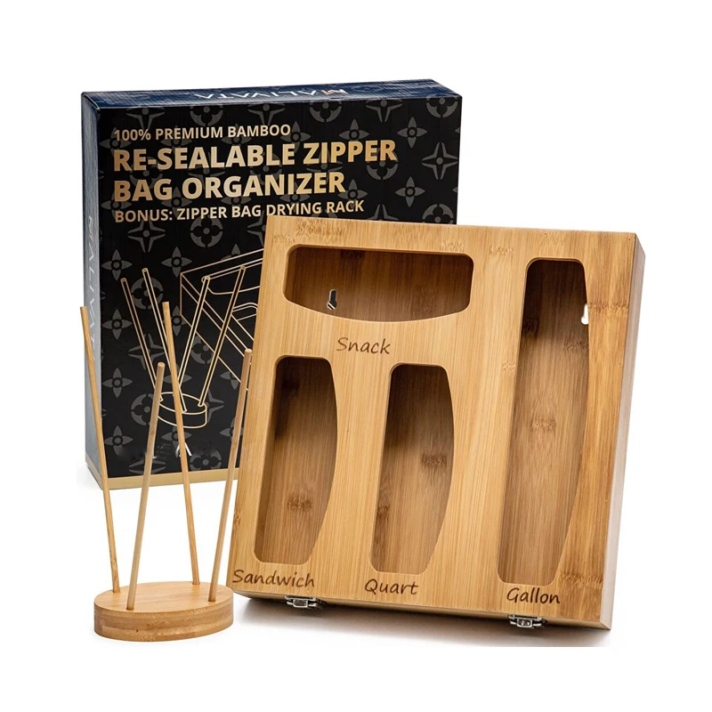 High Quality Zipper Bag Storage Organizer Kitchen Food Wooden Bamboo Dispenser for Gallons CNLF