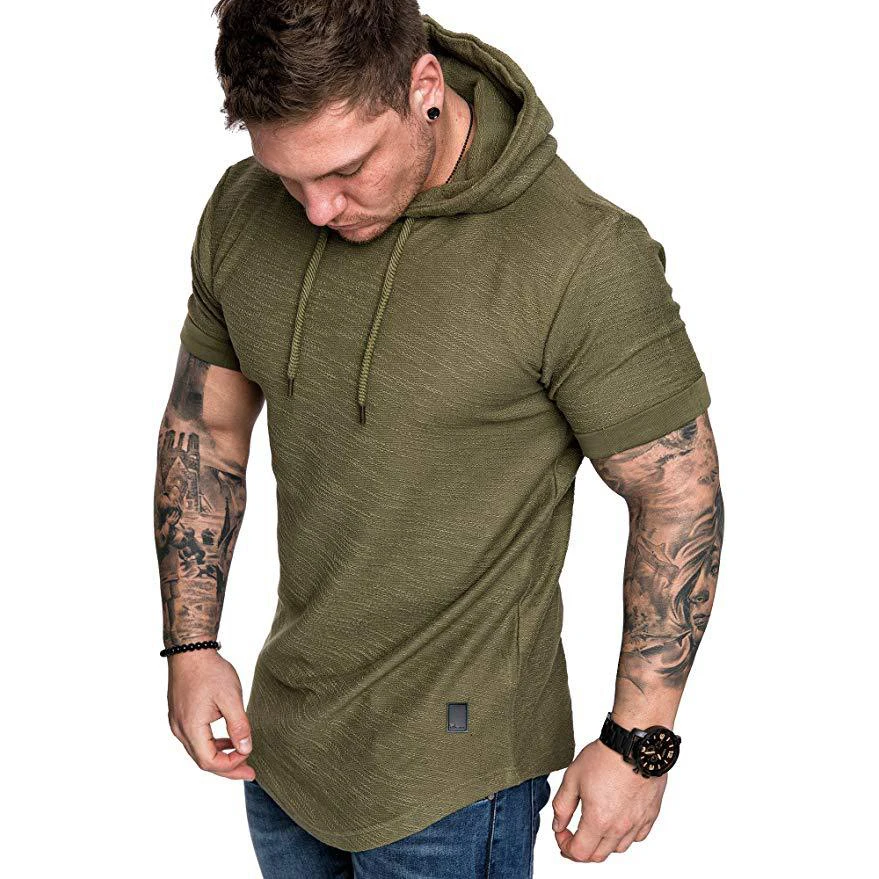 

Wholesale New Custom Logo Mens Army Green Polyester Fitness Tee Shirts Longline Short Sleeve Hooded Gym T-shirt
