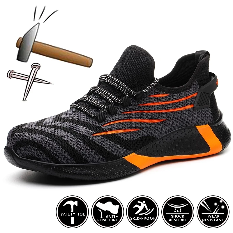 

Men Work Safety Shoes Anti-puncture Working Sneakers Male Indestructible Work Shoes Men Boots Lightweight Men Shoes Safety Boots, Orange grey blue