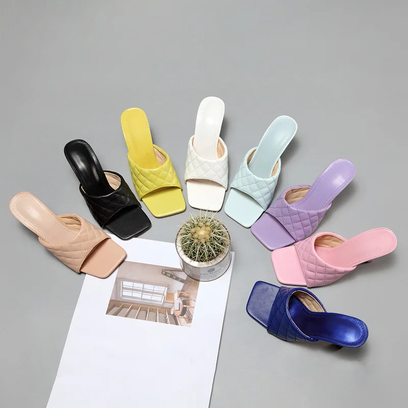 

2021 New Ladies Square Toe Shoes Women's Candy Color Heels Rhombic Grid High Heel Sandal Women, Colors