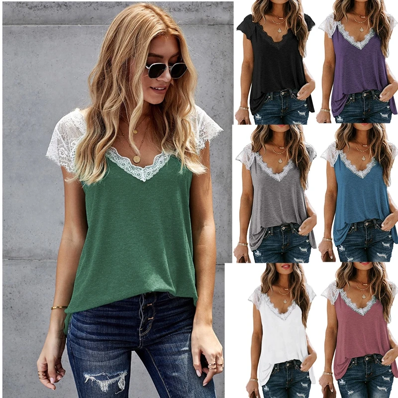 

2021 tops for girls Summer V Neck Elegant Lace Tops Short Sleeve Casual blouses ladies woman blouses and tops 2021