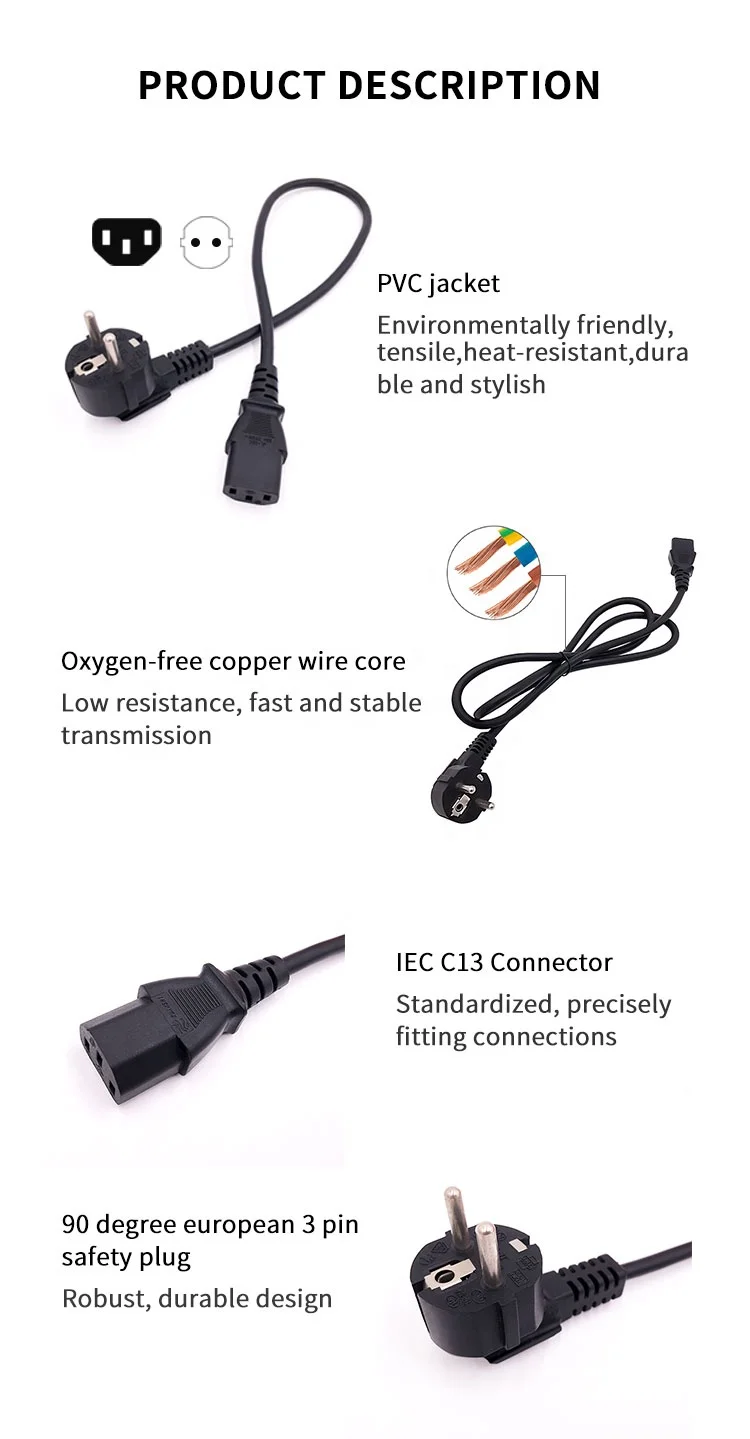 Vde Reach Standard European Iec C13 End Ac Power Extension Cable Eu