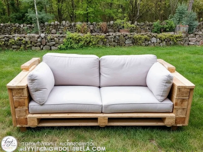 DIY pallet sofa with cushions in backyard setting