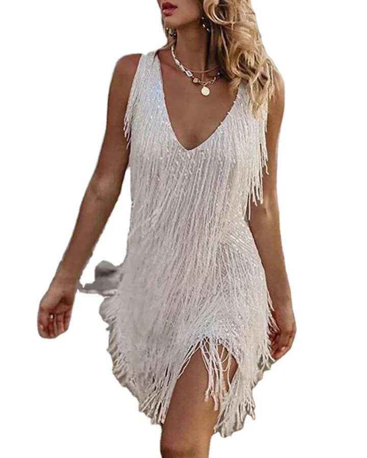 

Sexy Deep V Neck Tassels Spaghetti Strap Mini Evening Grown Dress For Women, Picture color