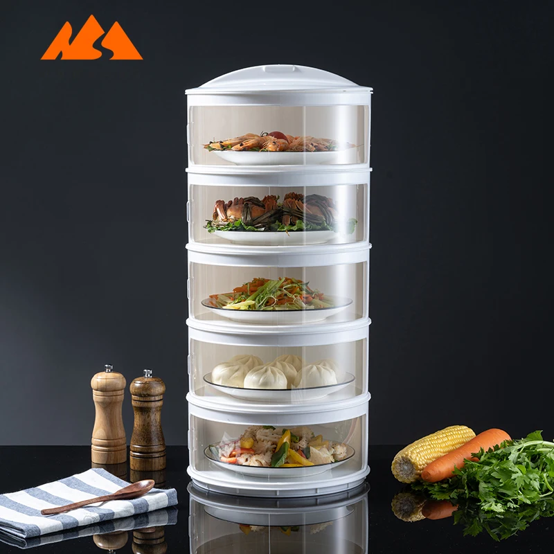 

5 Layer Plastic Multilayer Insulation Modern Clear Dust-proof Multi-layer Dishes Kitchen And Restaurant Food Cover Stackable, White