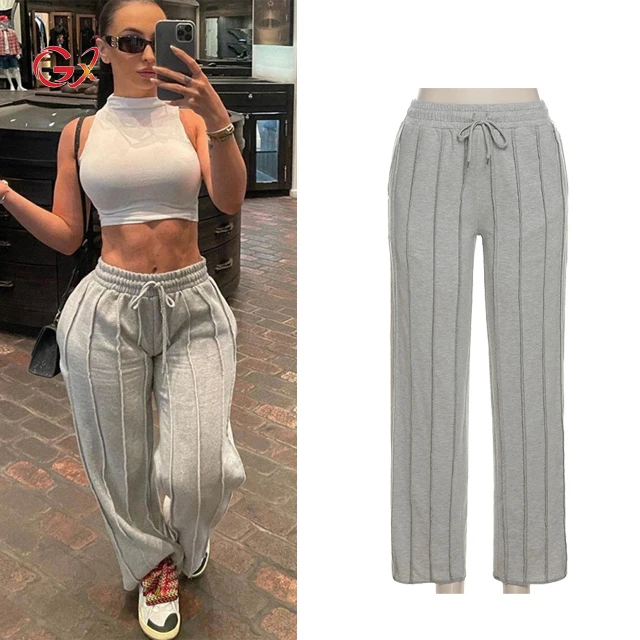 

GX18350 Fashion Spring Fall New Solid Color Loose Wide Leg Pants Mid Waist Drawstring Elastic Women Sweatpants