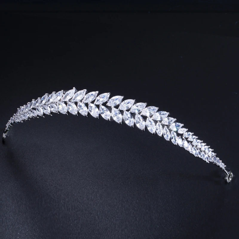 Gorgeous Bridal Wedding Hair Accessories Tiara Leaf Shape Marquise Cut Cubic Zirconia Crystal Crown Headband for Bridesmaid