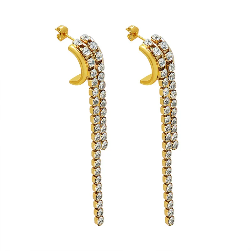 

2023 Trendy 18K Gold Plating Tarnish Free & Waterproof Long Luxury Clear Crystal Tassel Earring Stainless Steel Earring Jewelry