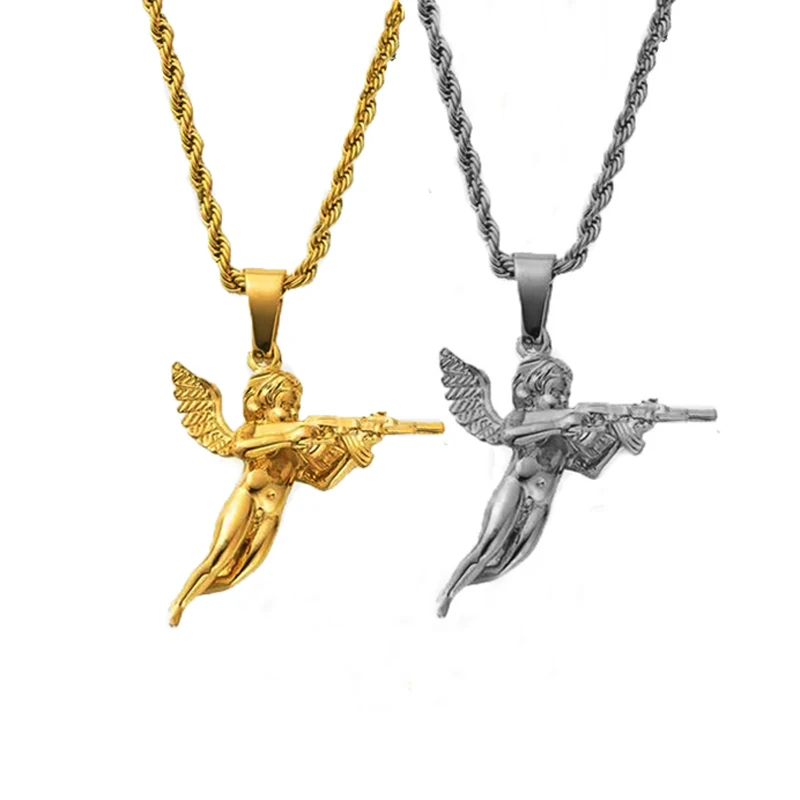 

Hiphops Stainless Steel Angel Gun Jewelry 316 Gold Plated Rope Chain Women Men 3D Revenge Angel Pendant Necklace