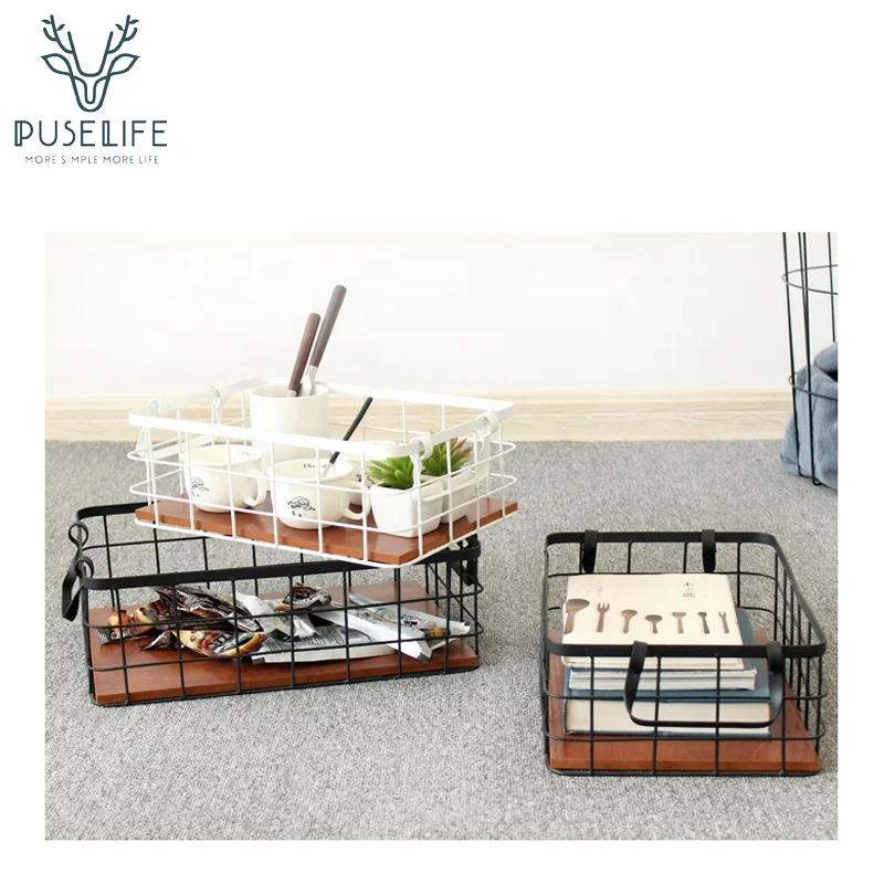 

Wholesale high quality Handmade Standard export carton metal iron storage basket Wire Basket With Wooden Bottoms, Black and white