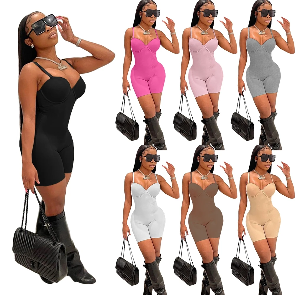 

2022 Ready to Ship summer women's new sexy lady low chest suspender high waist slim bodycone shorts elegant jumpsuit for women, White grey rose khaki coffee pink