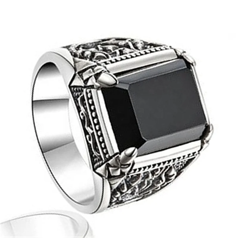 

Turkish Jewelry Black Ring Men Light-weight Silver Mens Rings Agate Stone Vintage Cool Fashion