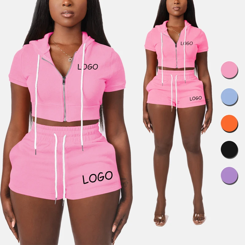 

PASUXI Casual Shorts 2 Piece Sets Women Drawstring Shorts Hooded Zipper Sportswear Women Sports Hoodie