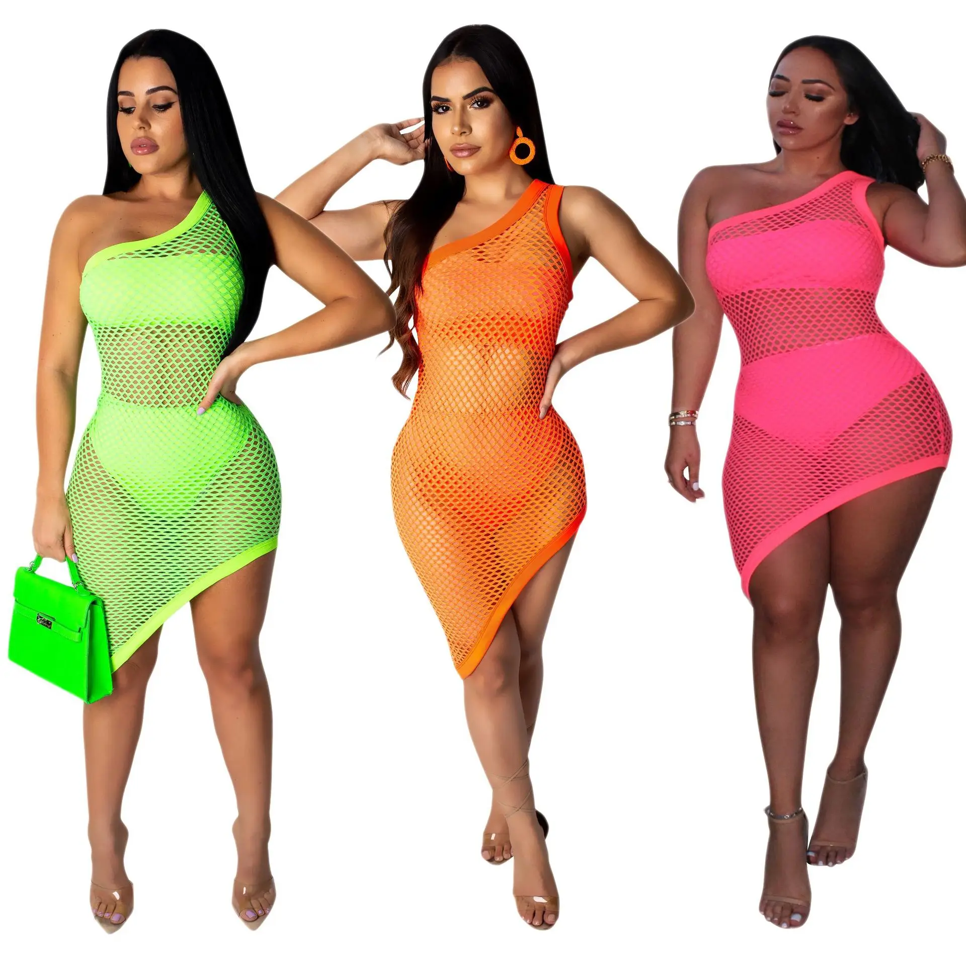 

One Shoulder Fishnet Bikini Cover-ups Beach Dress Mesh Bathing Suit for Women Beach Dresses Female Swimming Suits S-XXXL