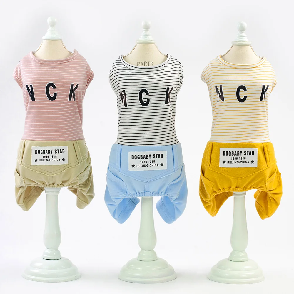 

Wholesale Casual Striped Pants Summer Four Legs Stripe Pattern Dog Pet Rompers Pet Apparel Dog Clothes, Black/red