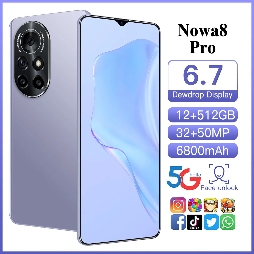 

Factory Direct Nowa 8 pro 5G Smart Phone 16+512G Cell Phone Full Screen 6.7 inch Face ID Unlock Mobile Phone