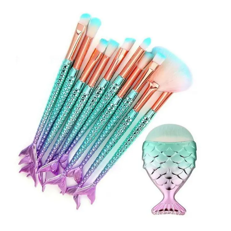 

New Mermaid Shaped 11pcs Makeup Brushes Set Big Fish Tail Foundation Powder Eyeshadow Cosmetic Brushes, Customized color