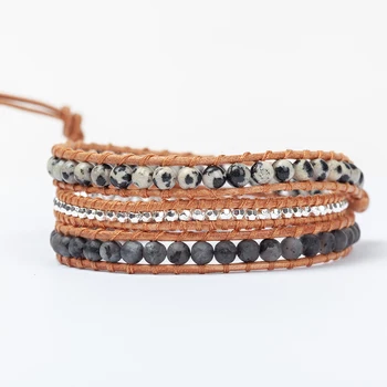 dalmatian stone mix wrap bracelet on natural brown leather