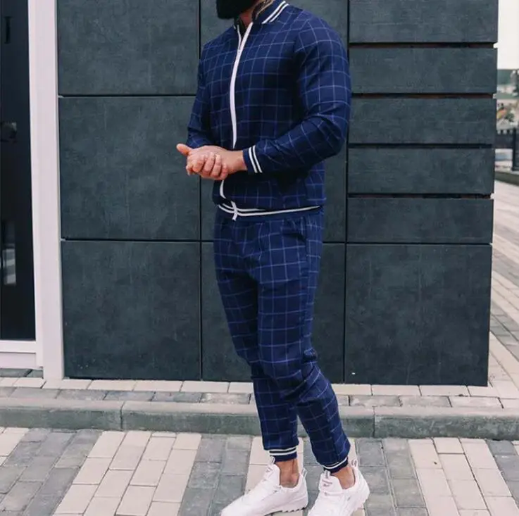 

Casual Clothing Men Streetwear Outfits Mens Tracksuit Set Plaid Two Piece Track Suit For Men, As pictures or customized color