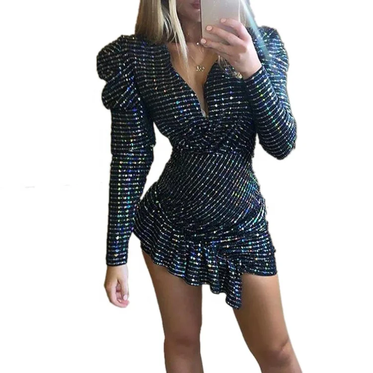 

B24159A Hot style sexy deep V party sequins dress long-sleeved stretch dress, White, black