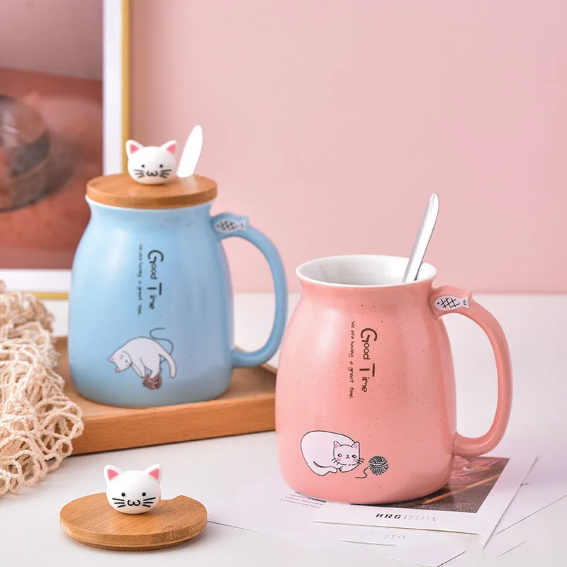 

Top Cute Cat Style Ceramic Mugs Lid Spoon Cartoon Creative Morning Mug Milk Coffee Tea Unique Porcelain Coffee Mugs