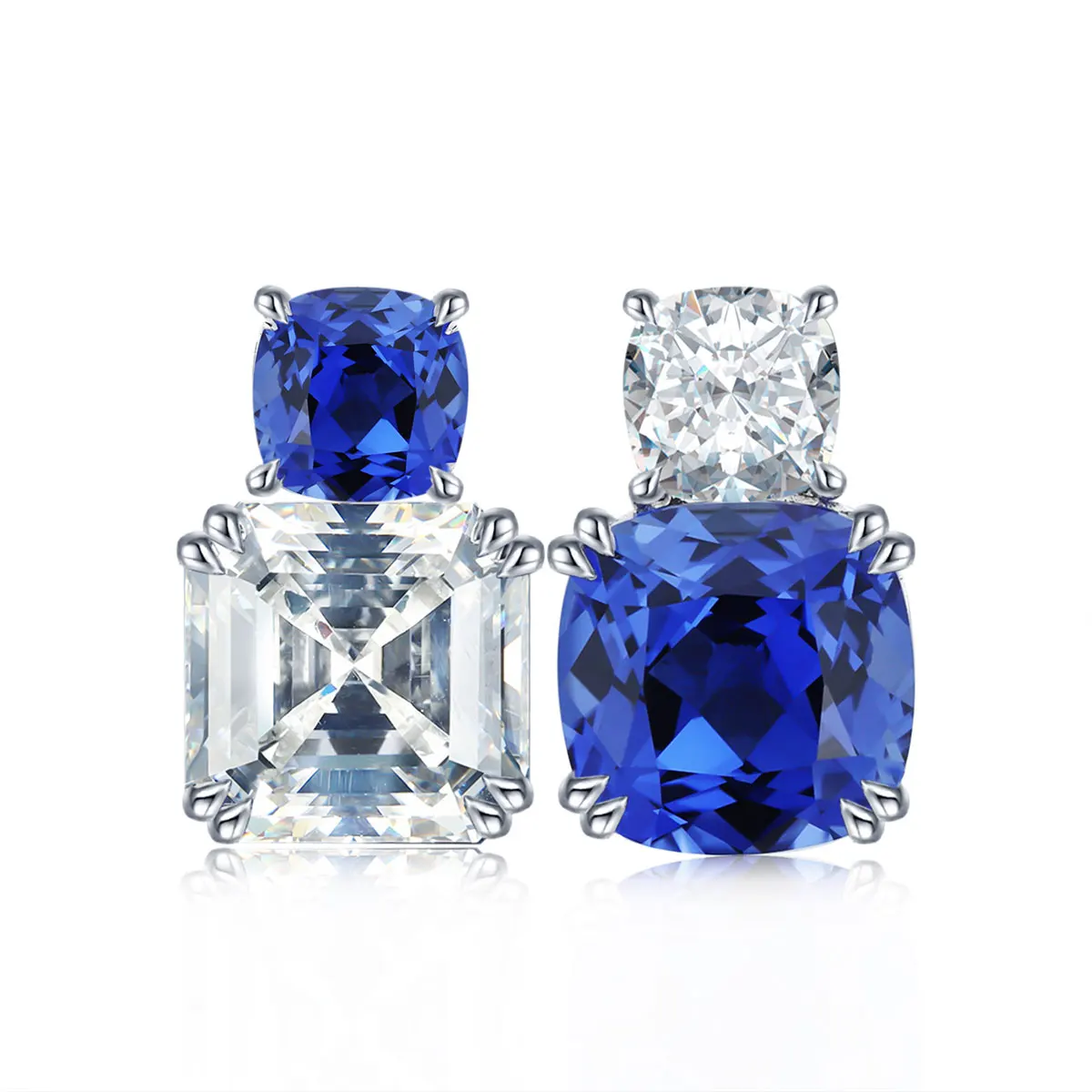 

9k white gold jewelry 21524 cushion pattern blue sapphire and white diamond gemstones pendant earrings, Blue, white