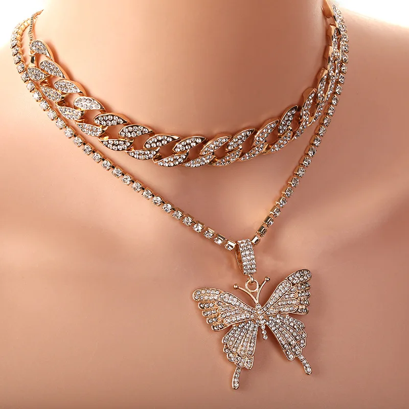 

2Pcs Set Women's Jewelry Necklace Diamond Geometric Chain Cuban Butterfly Necklaces