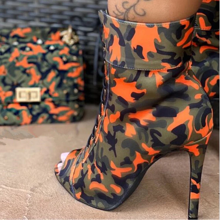 

Fashion Design Women Round Toe Stiletto High Heels Shoes Mid Calf Camouflage Boots Elastic Ankle Lace Up Short Booties For Lady