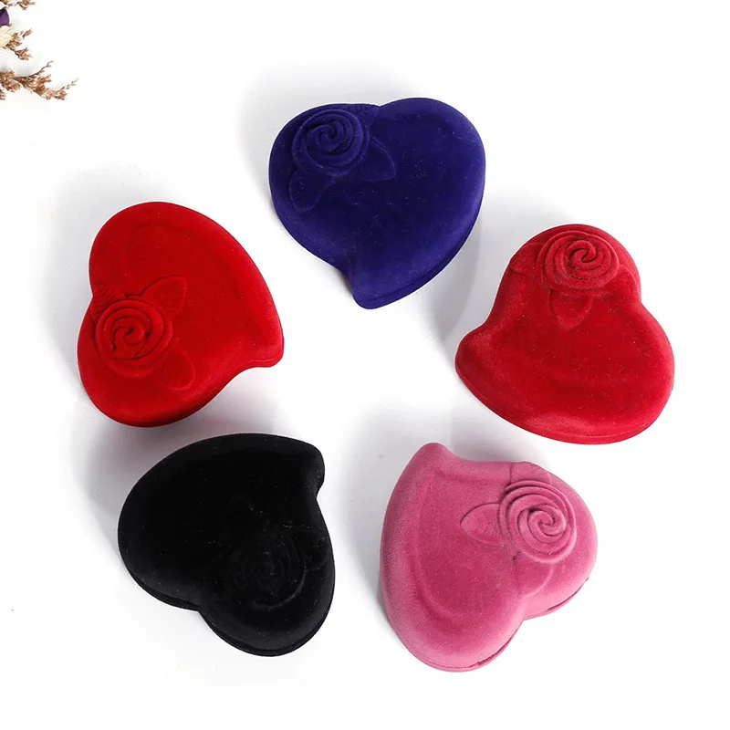 

hear-shape with rose velvet ring box for jewelry custom logo printing, Red, black,blue ,wine